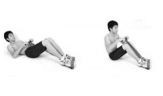 On exhalation, lift the upper body simultaneously and bend your leg on your knees